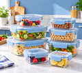 Illustrative transparent food storage containers with blue lids