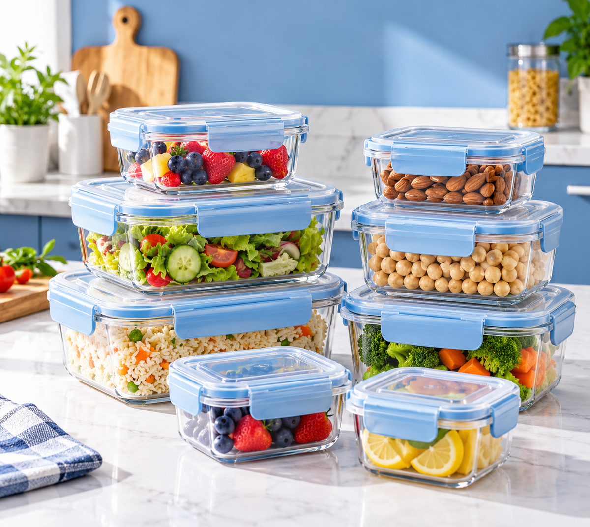 Illustrative transparent food storage containers with blue lids