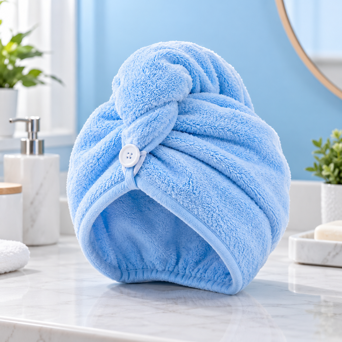 Illustrative product photo of a light-blue microfiber hair wrap towel