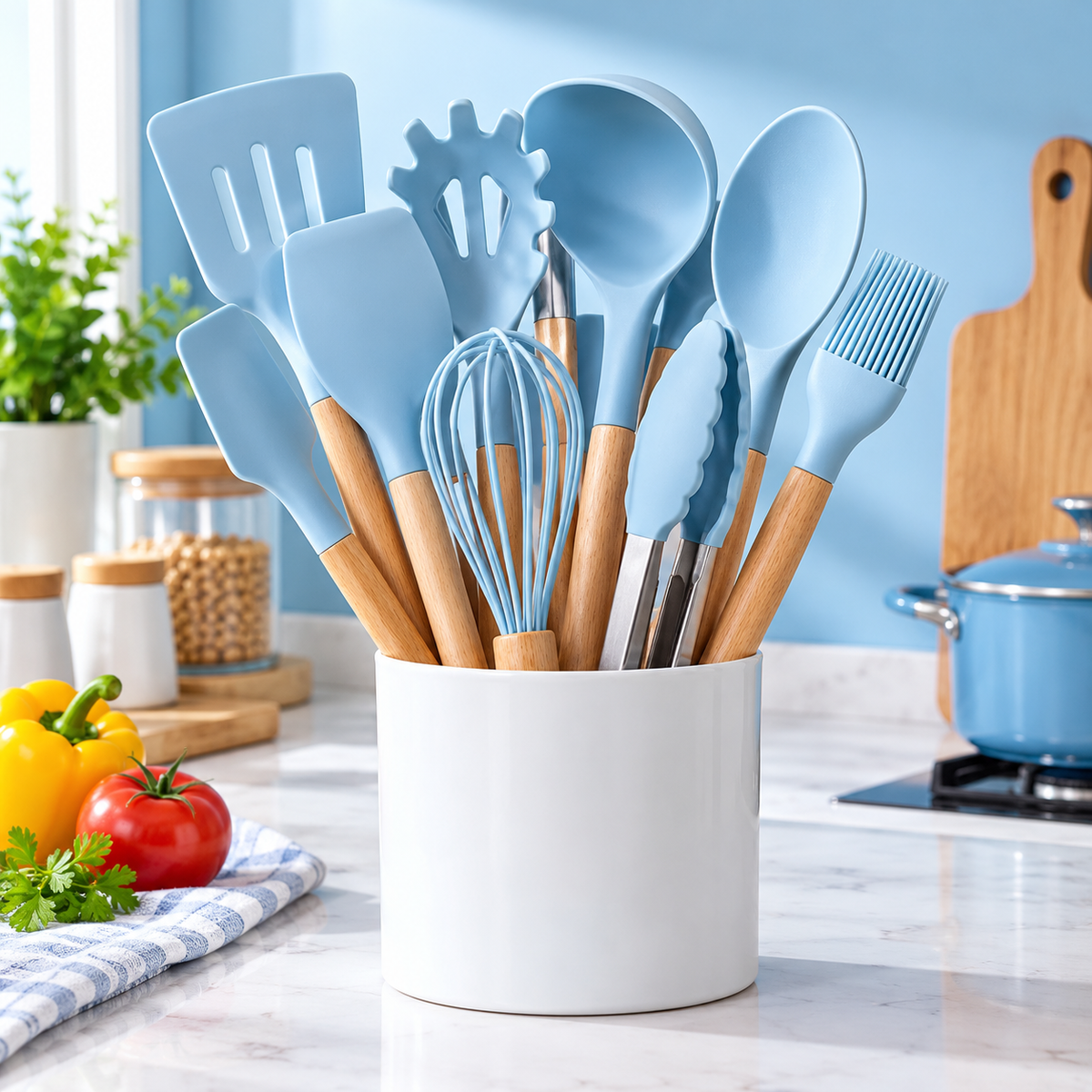 Illustrative blue silicone kitchen utensil set